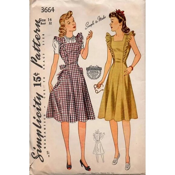 1940s Vintage Ruffle Floral Blue Cotton Apron Pinafore House Dress Sz S - Picture 6 of 6